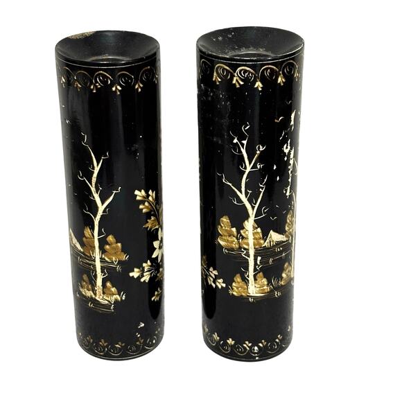 Wooden candle holders black lacquer Asian style gold & white cherry tree motif - Picture 3 of 9